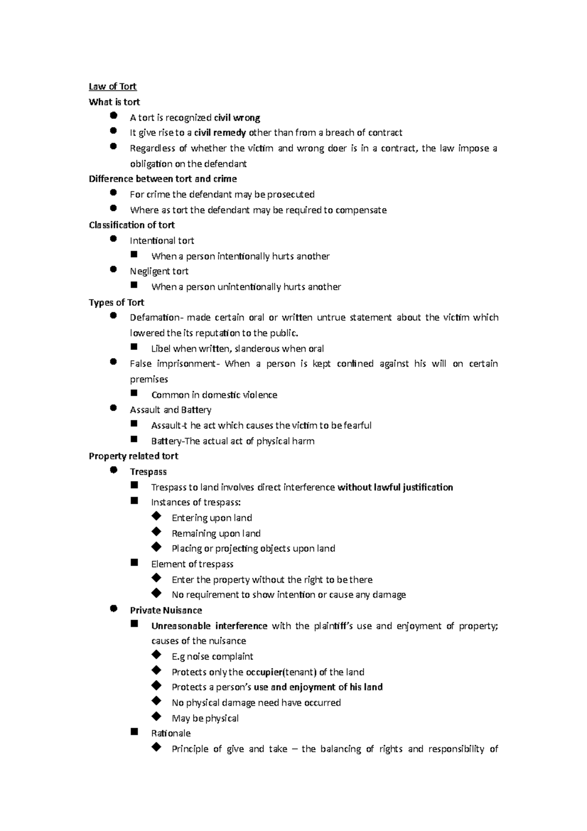 Law of Tort Summary - Law of Tort What is tort A tort is recognized ...