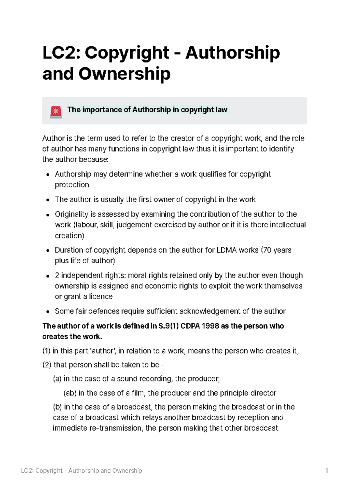 LC2 Copyright Authorship and Ownership NOTES AND TUTORIAL WORK LC2