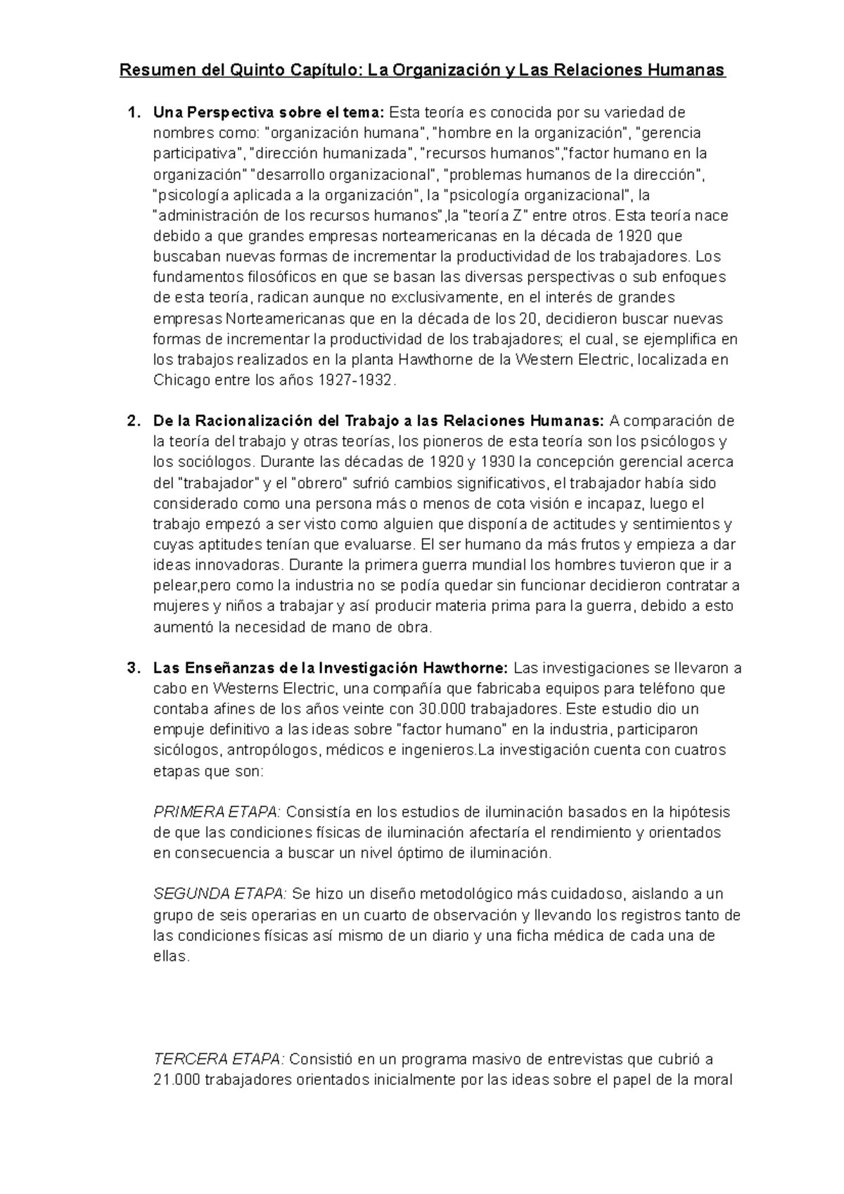 Resumen del Quinto Capítulo La Organización y Las Relaciones Humanas