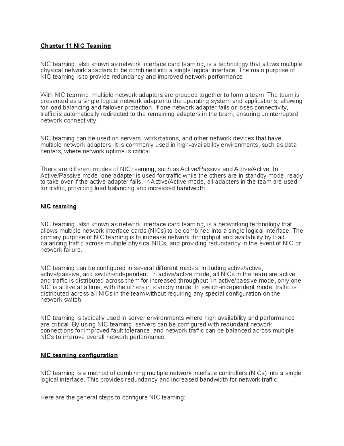 Chapter 11 NIC Teaming Chapter 11 NIC Teaming NIC teaming, also known