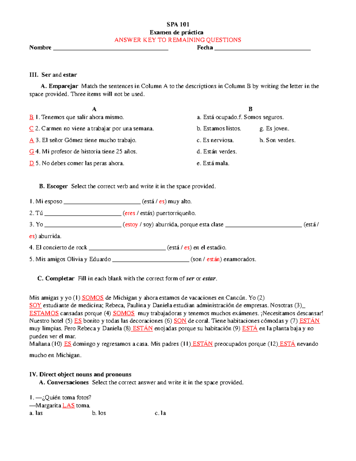 101 Test Review - SPA 101 Examen De Práctica ANSWER KEY TO REMAINING ...