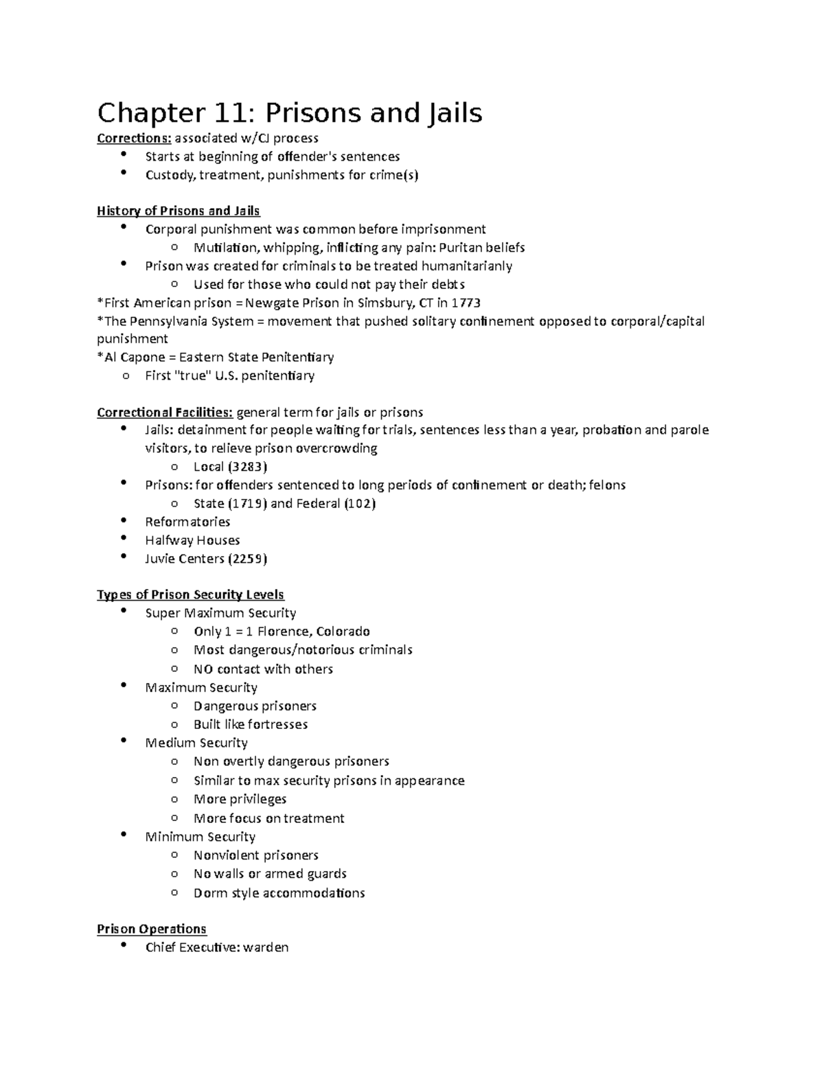 Chapter 11 Notes - Chapter 11: Prisons And Jails Corrections: Associated W/CJ Process Starts At ...