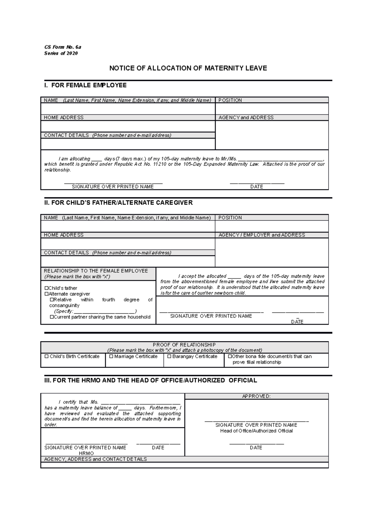 CS Form No. 6a, S. 2020 (Notice Of Allocation Of Maternity Leave ...