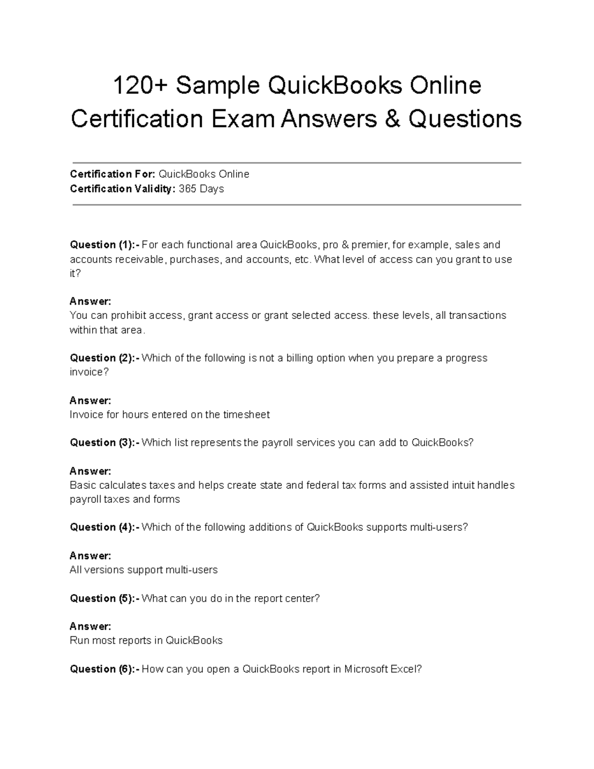 Sample Quick Books Online Certification Exam Answers Questions 1 1 ...