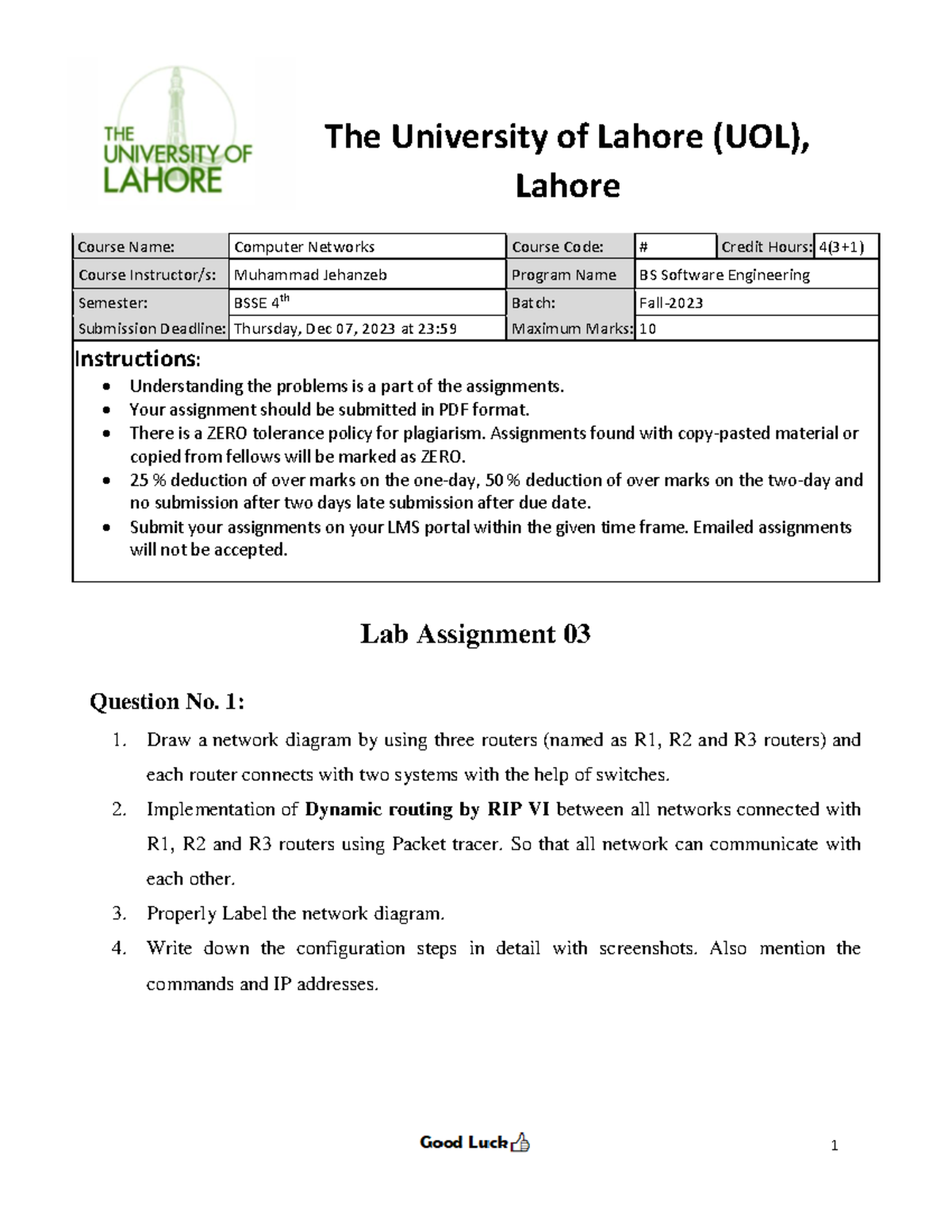 university of lahore assignment front page