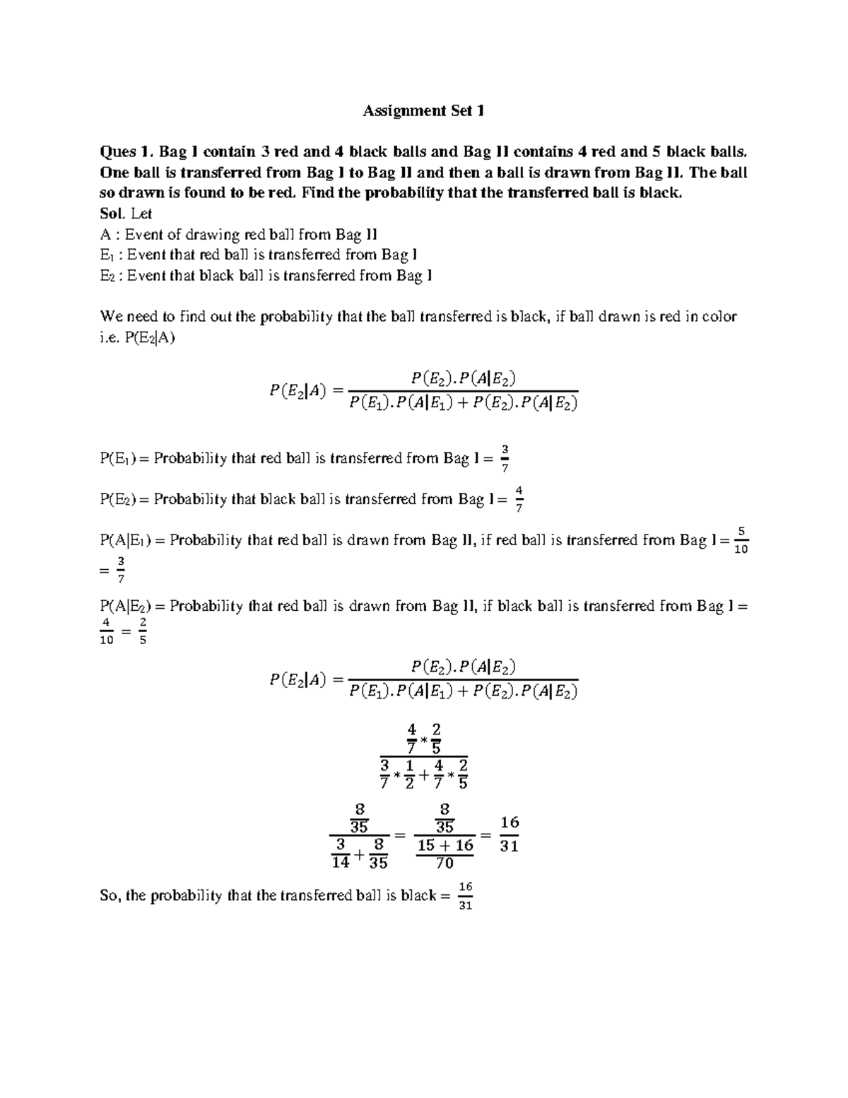 DCA7101 Probability And Statistics - Assignment Set 1 Ques 1. Bag I ...