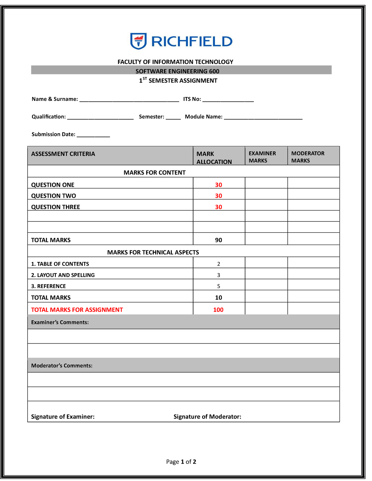 Software Engineering 600 assignment - Page 1 of 2 FACULTY OF ...