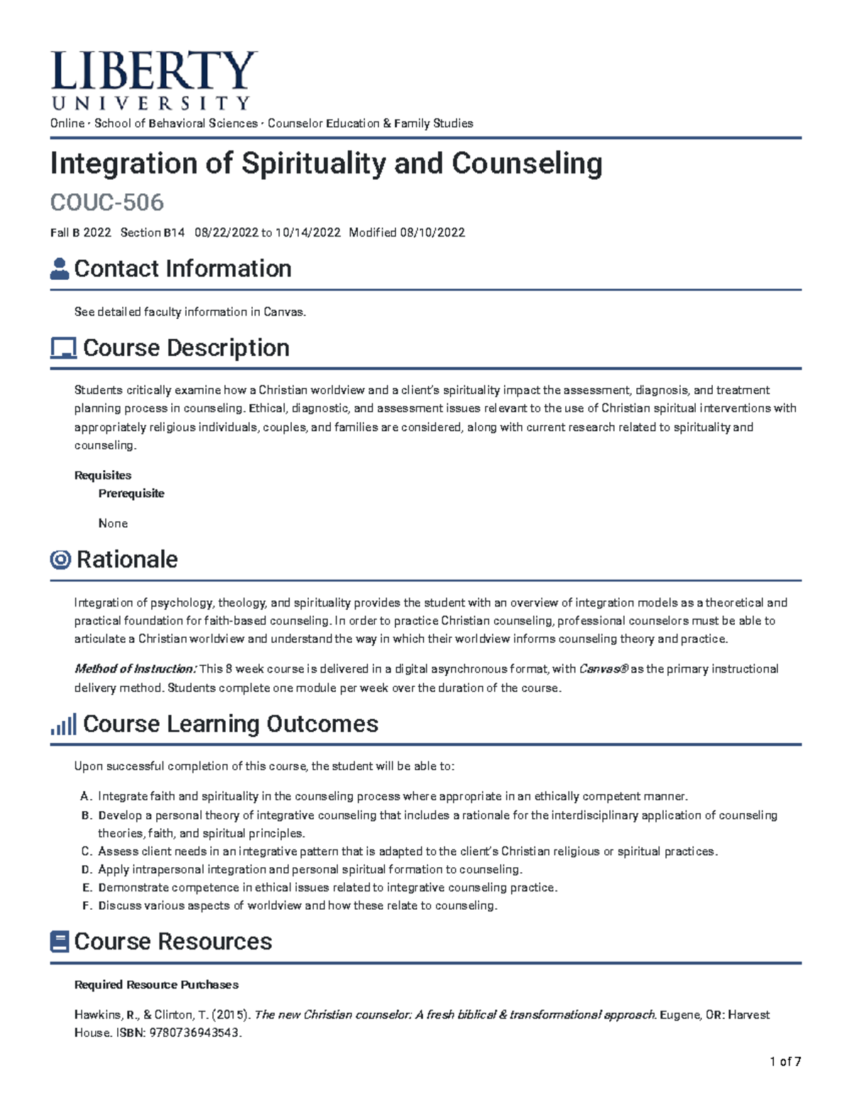 Integration Of Spirituality And Counseling COUC 506 Fall B 2022 - ÷ ...