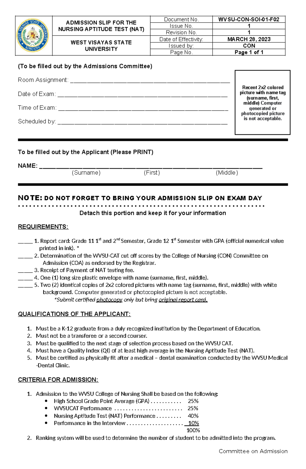 CON admission slip 23 - Recent 2x2 colored picture with name tag ...