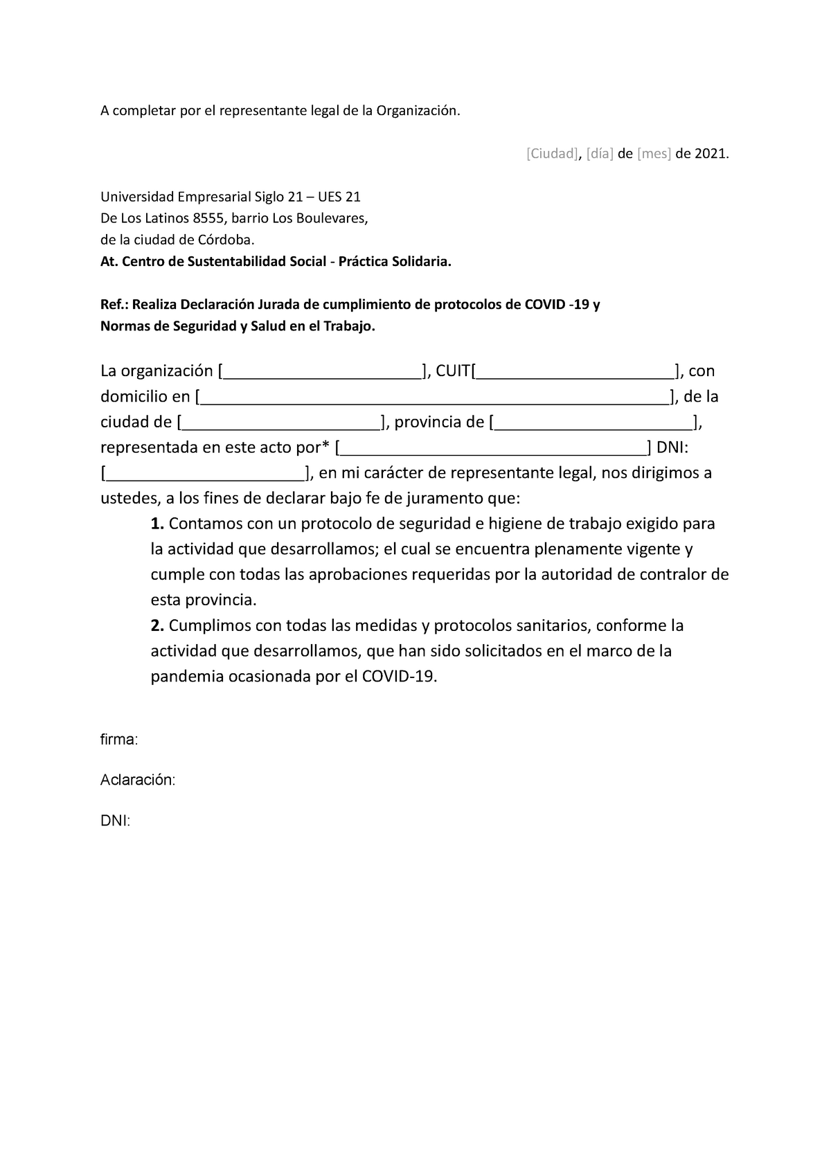 Modelo Declaración Jurada Para La Organización A Completar Por El Representante Legal De La 8597