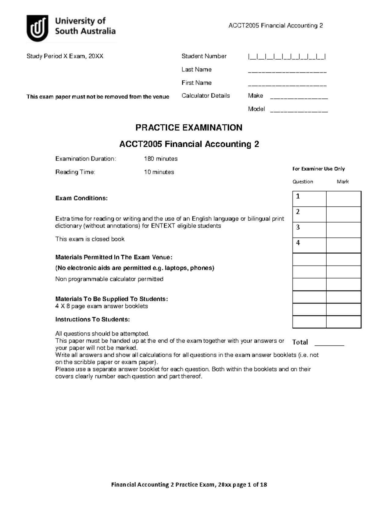 FA2 2020 Practice Exam Final - PRACTICE EXAMINATION ACCT2005 Financial ...