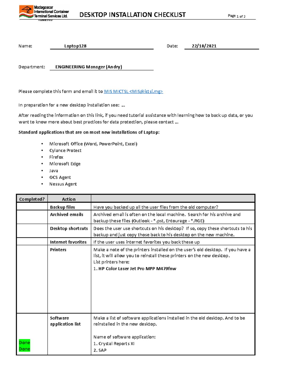 Nouveau Laptop 128 Checklist DESKTOP INSTALLATION CHECKLIST Page 1 of