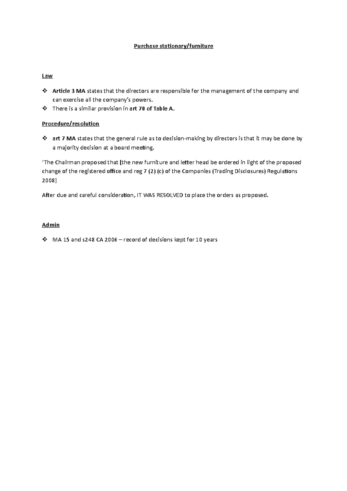 Purchase stationary furniture Purchase Law Article 3 MA states that