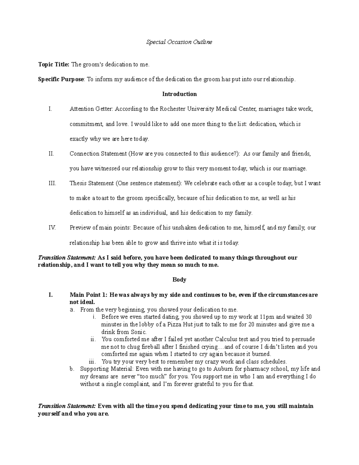 Special Occasion Speech EXAMPLE Special Occasion Outline Topic