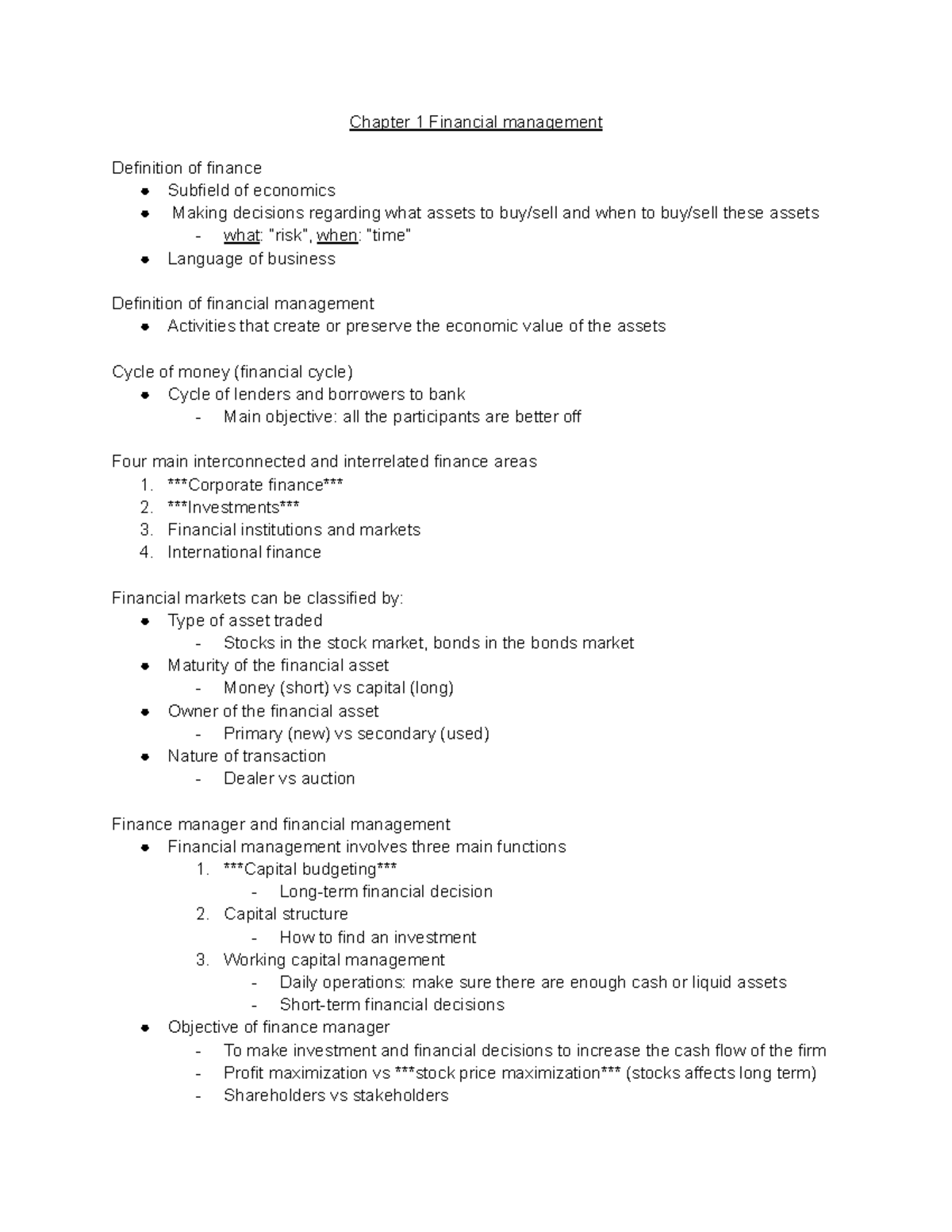 Finance - Chapter 1 Financial management Definition of finance Subfield ...