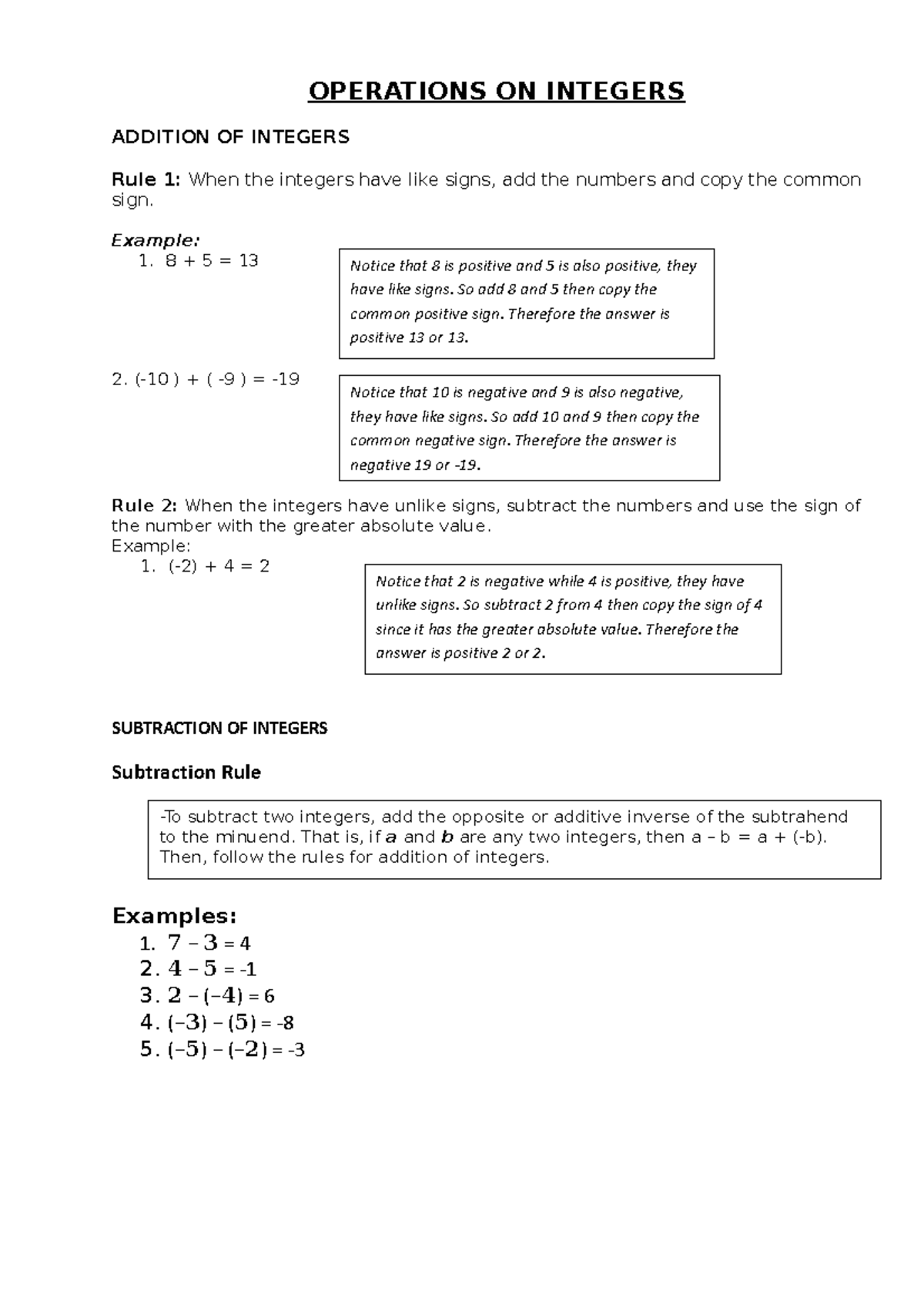LET Review (Operations of Integers) - OPERATIONS ON INTEGERS ADDITION ...