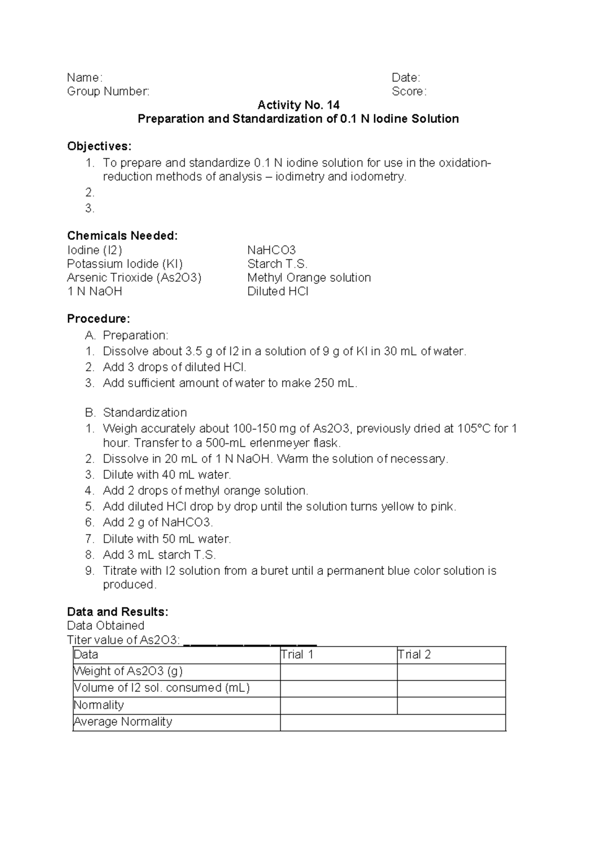Anachem 14 Laboratory Manuals for analytical Chemistry Name Date