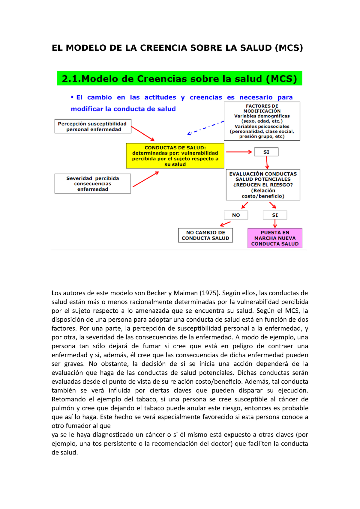 EL Modelo DE LA Creencia Sobre LA Salud (MCS) - EL MODELO DE LA CREENCIA  SOBRE LA SALUD (MCS) Los - Studocu