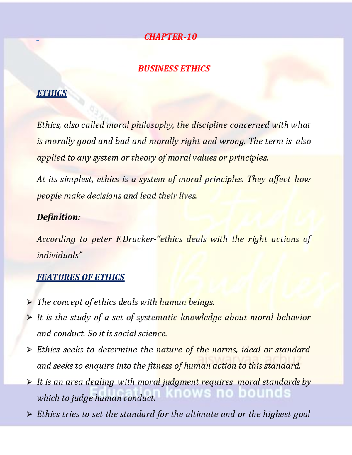 Business Management Chap10 - CHAPTER- BUSINESS ETHICS ETHICS Ethics ...