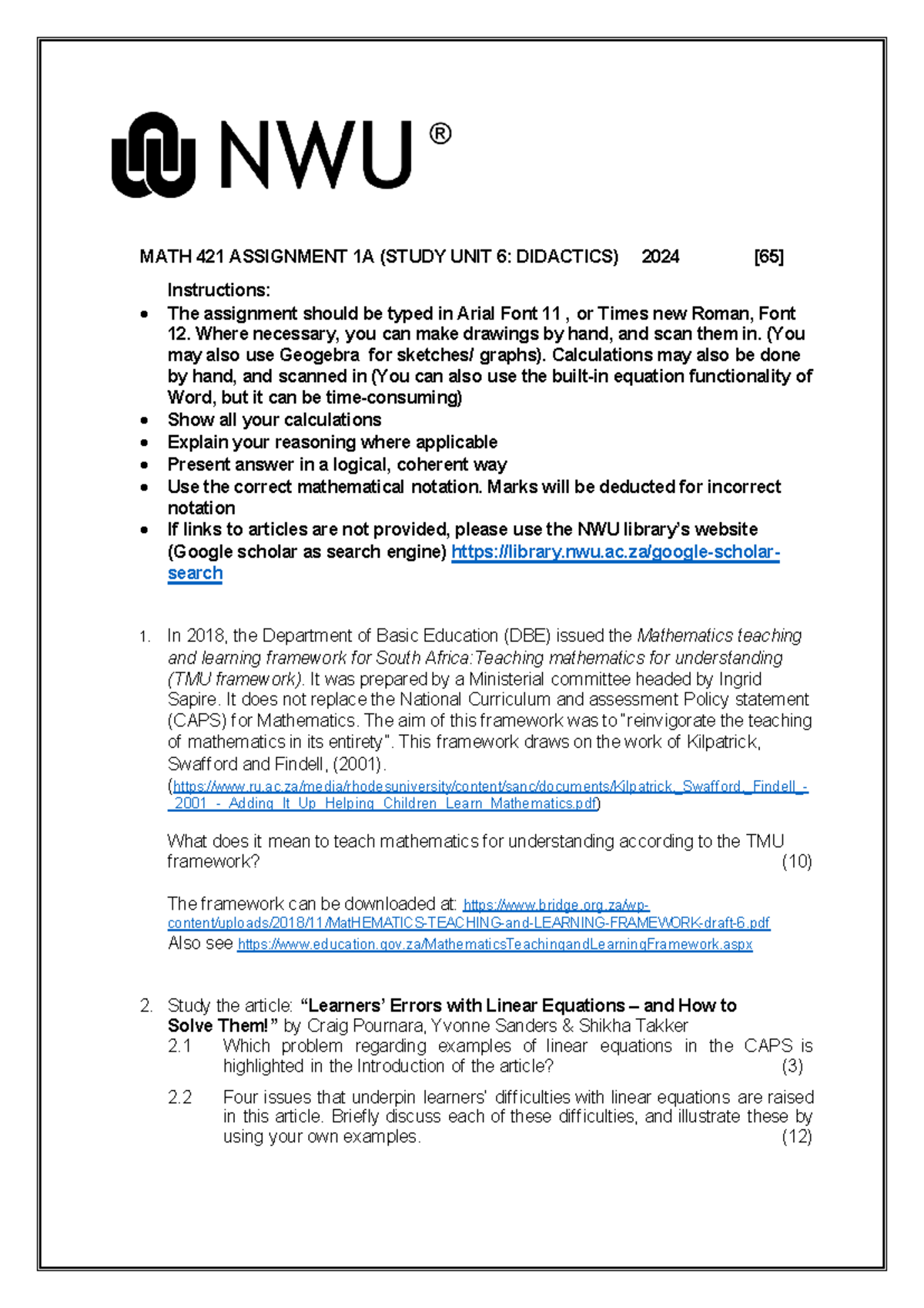 MATH 421 Didactics Assignment 1A 2024 - MATH 421 ASSIGNMENT 1A (STUDY ...