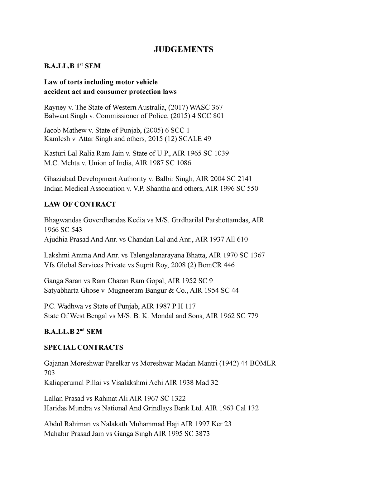 Judgements - Dvfv - JUDGEMENTS B.A.LL 1st SEM Law Of Torts Including ...