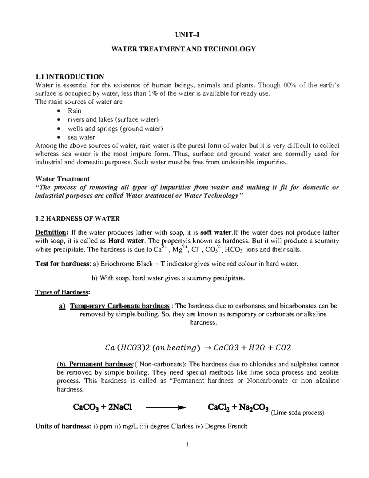Unit 1Water Treatment Chemistry Studocu