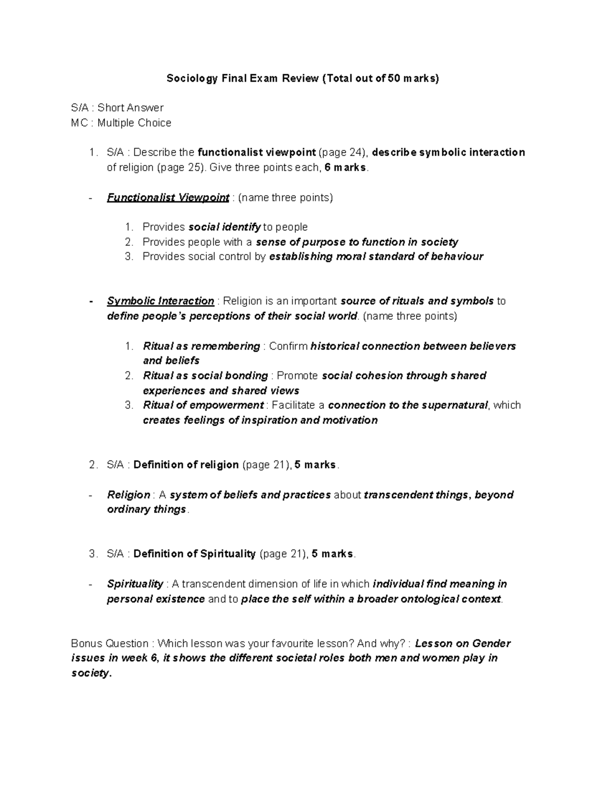 Exam Review 11 December 2018, answers - Sociology Final Exam Review ...