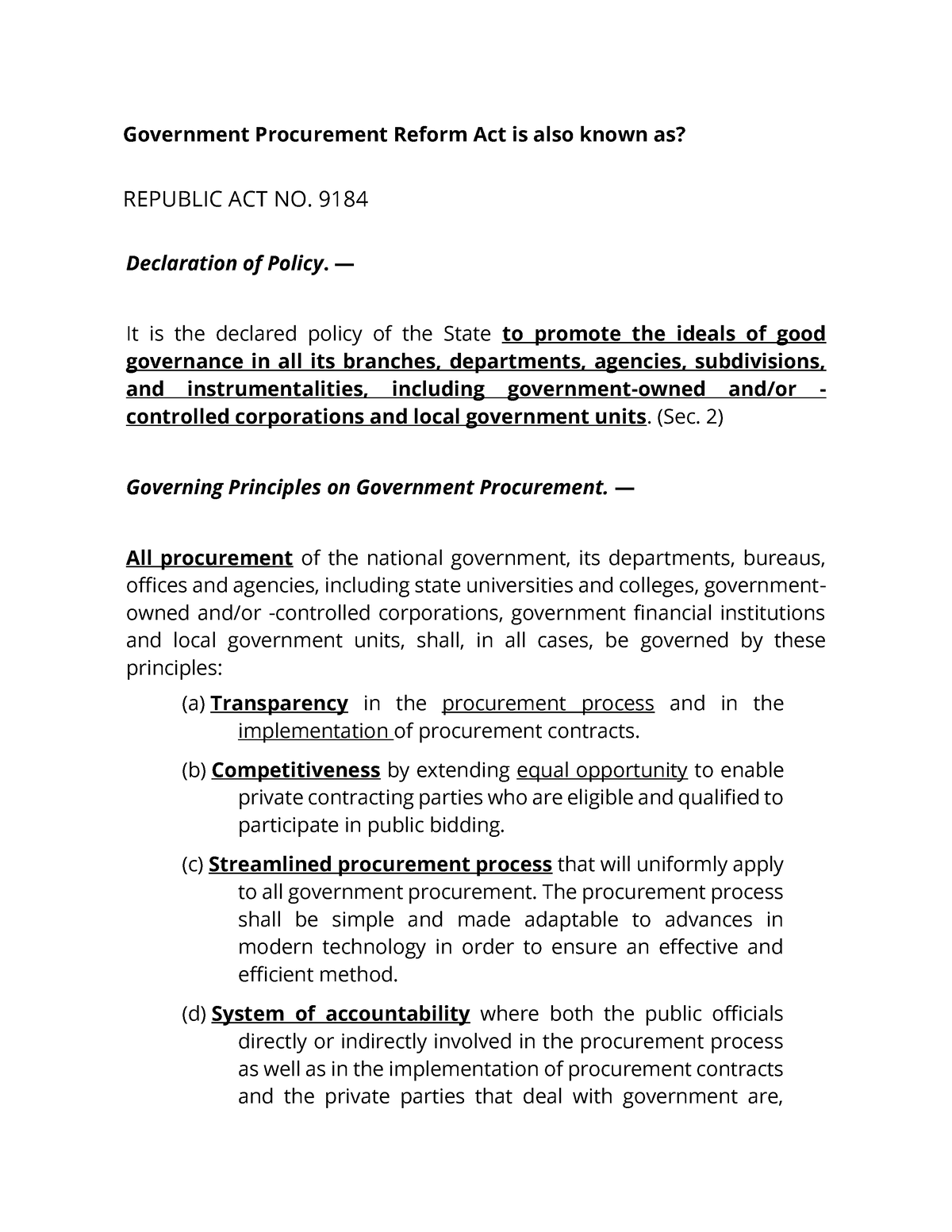 M4. Government Procurement Reform Act - 9184 Declaration Of Policy ...