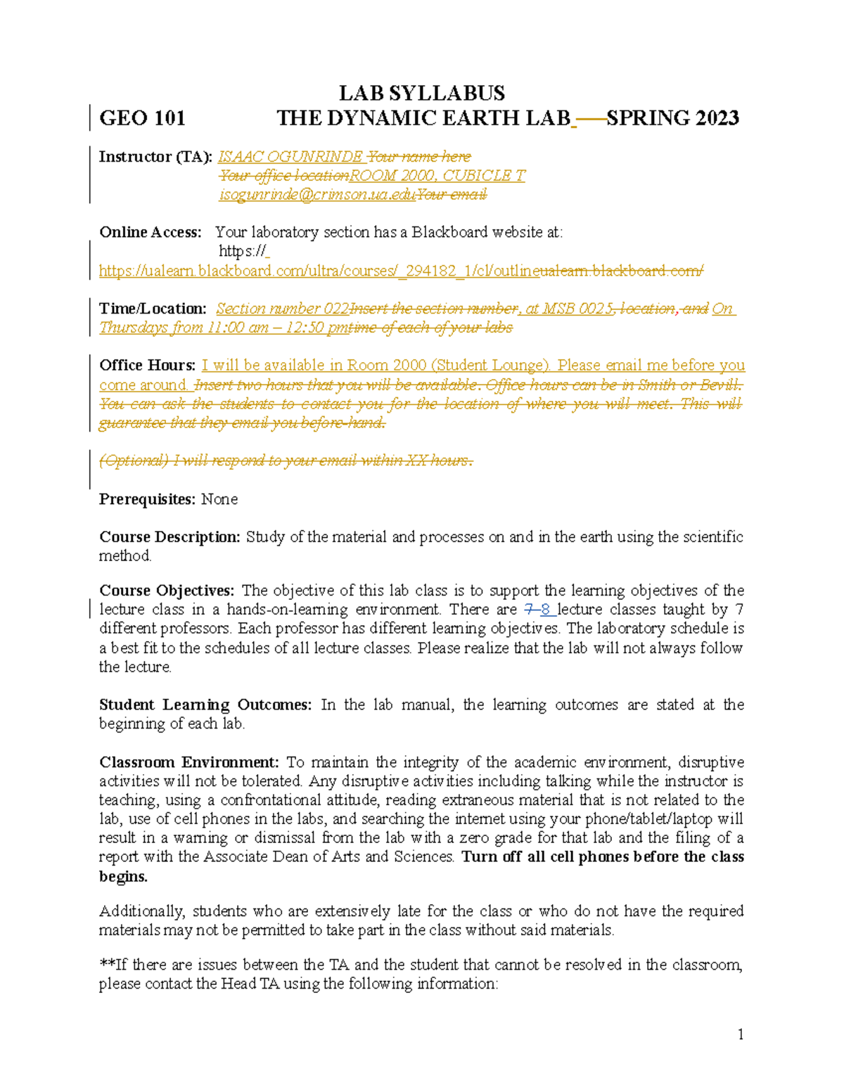 GEO101Lab Syllabus Spring 23 Th 022 LAB SYLLABUS GEO 101 THE DYNAMIC