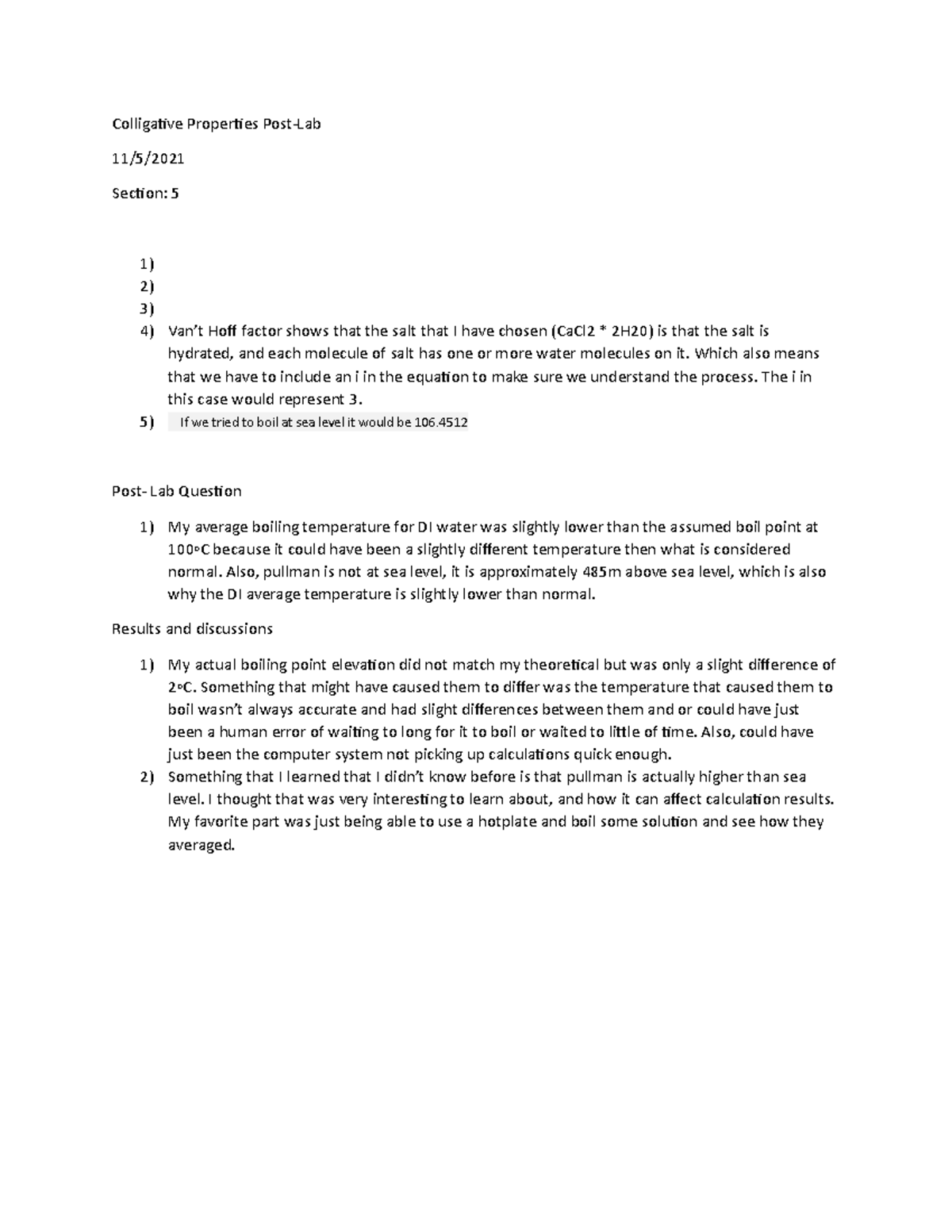 Colligative properties post lab - Colligative Properties Post-Lab 11/5 ...