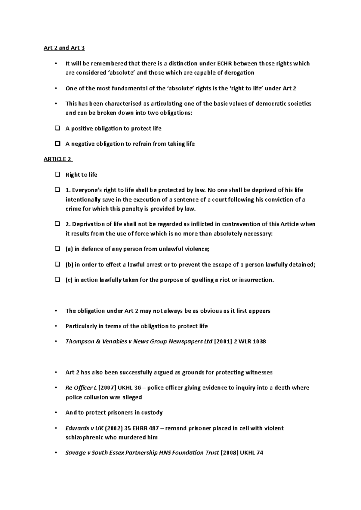 Human rights - Art 2 & 3 - Lecture notes 2 - Art 2 and Art 3 - It will ...