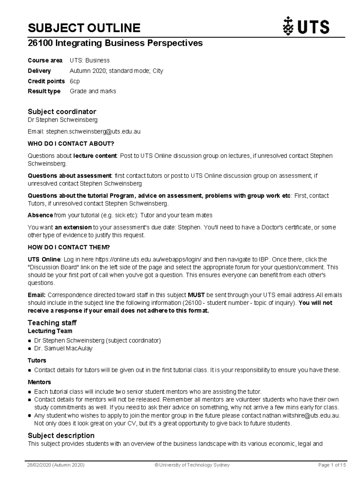 IBP subject outline - SUBJECT OUTLINE 26100 Integrating Business ...
