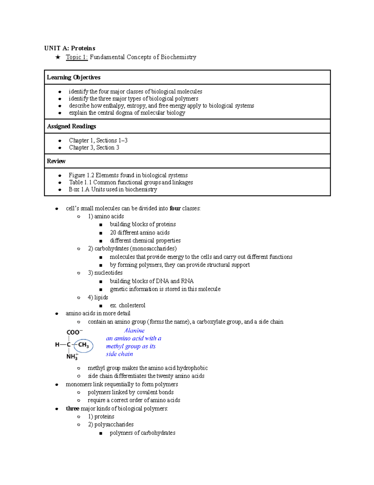 Biochem 2280- Topics 1-5 (Sept. 5-25) - UNIT A: Proteins ★ Topic 1 ...