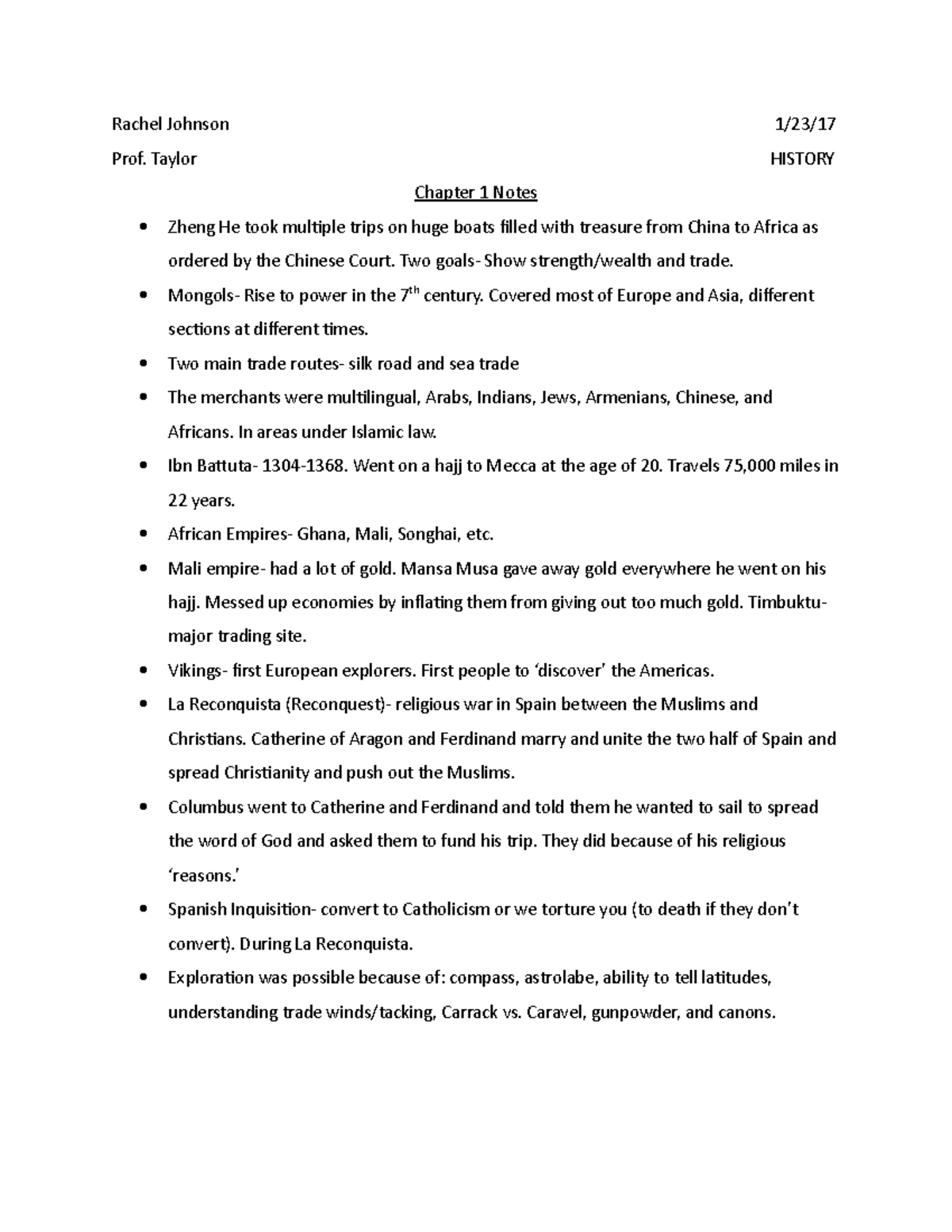 History Core - Chapter 1 notes - Rachel Johnson 1/23/ Prof. Taylor ...