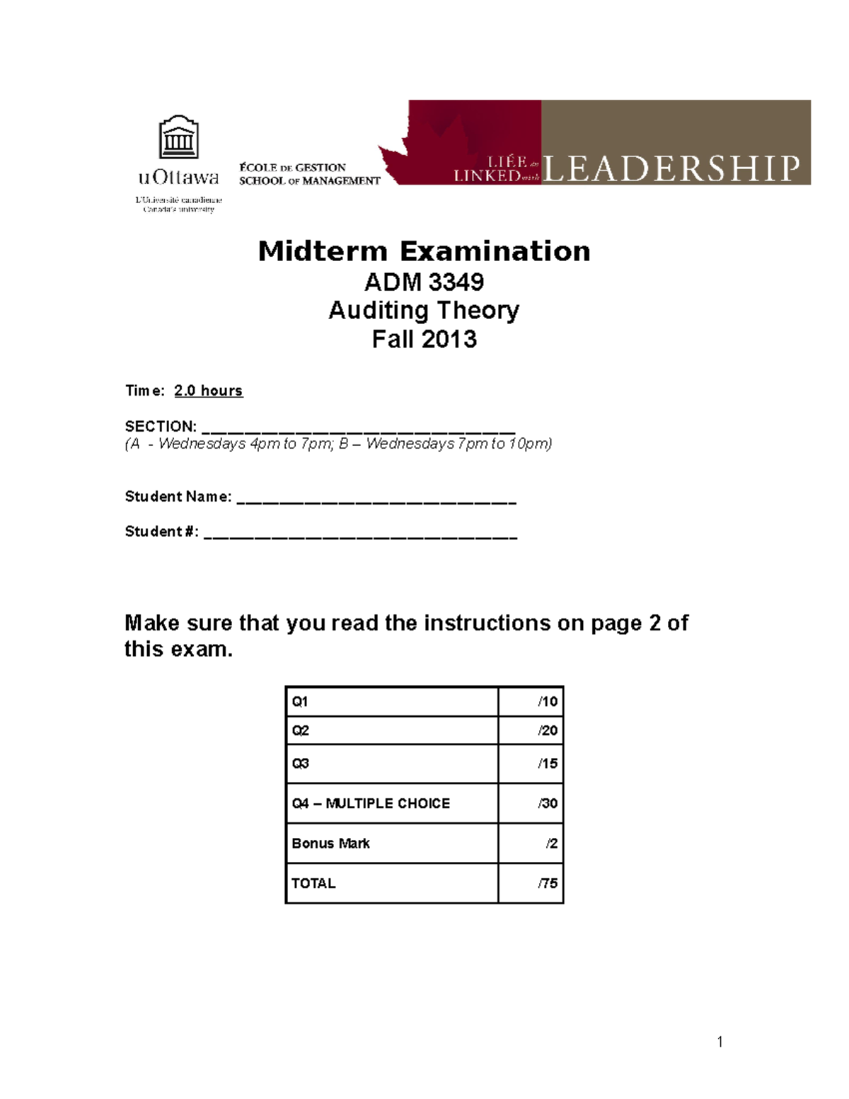 ADM3349A And B - Midterm Exam Oct 2013 - Answer KEY - Midterm ...