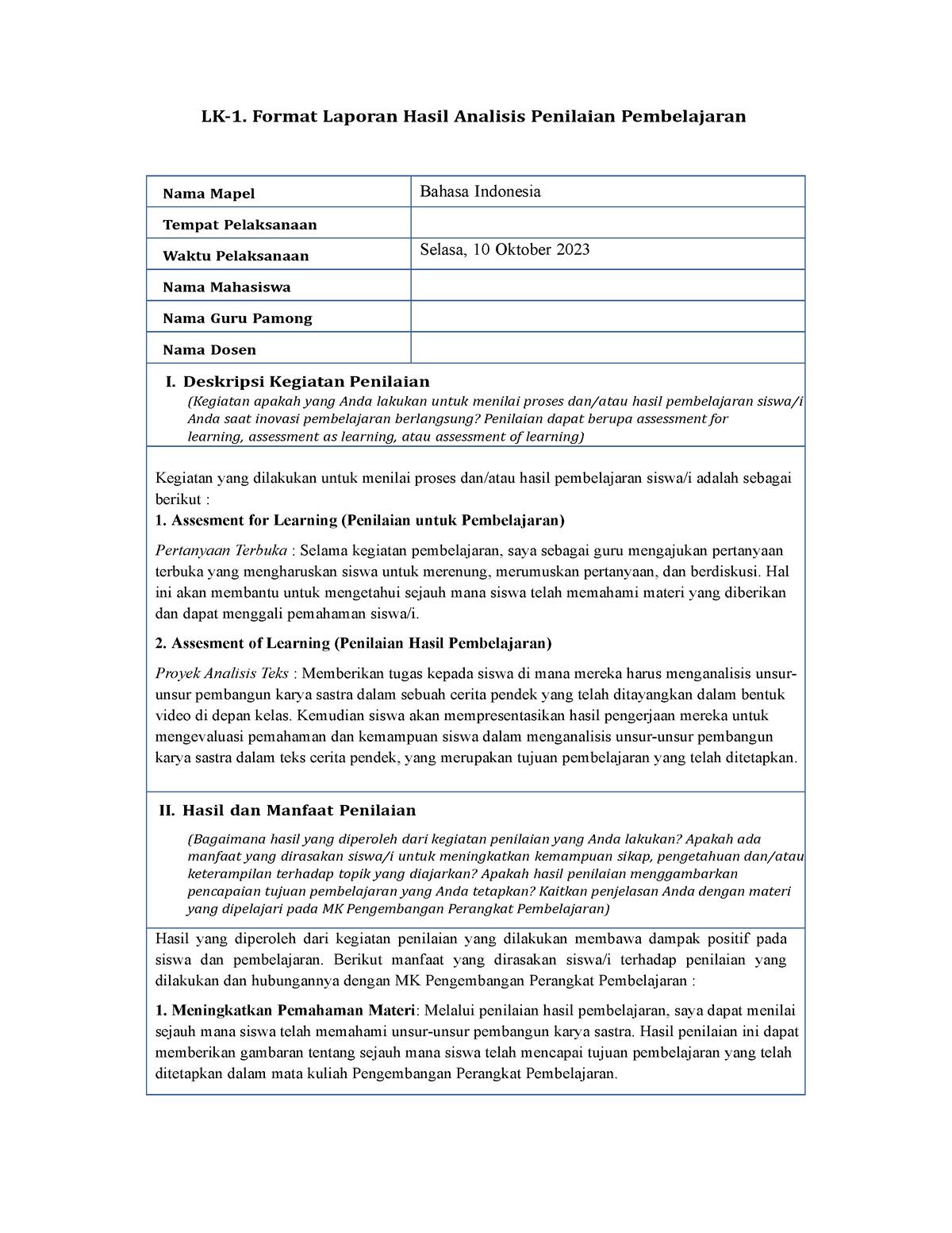 Hasil Asesmen Pembelajaran - LK-1. Format Laporan Hasil Analisis ...
