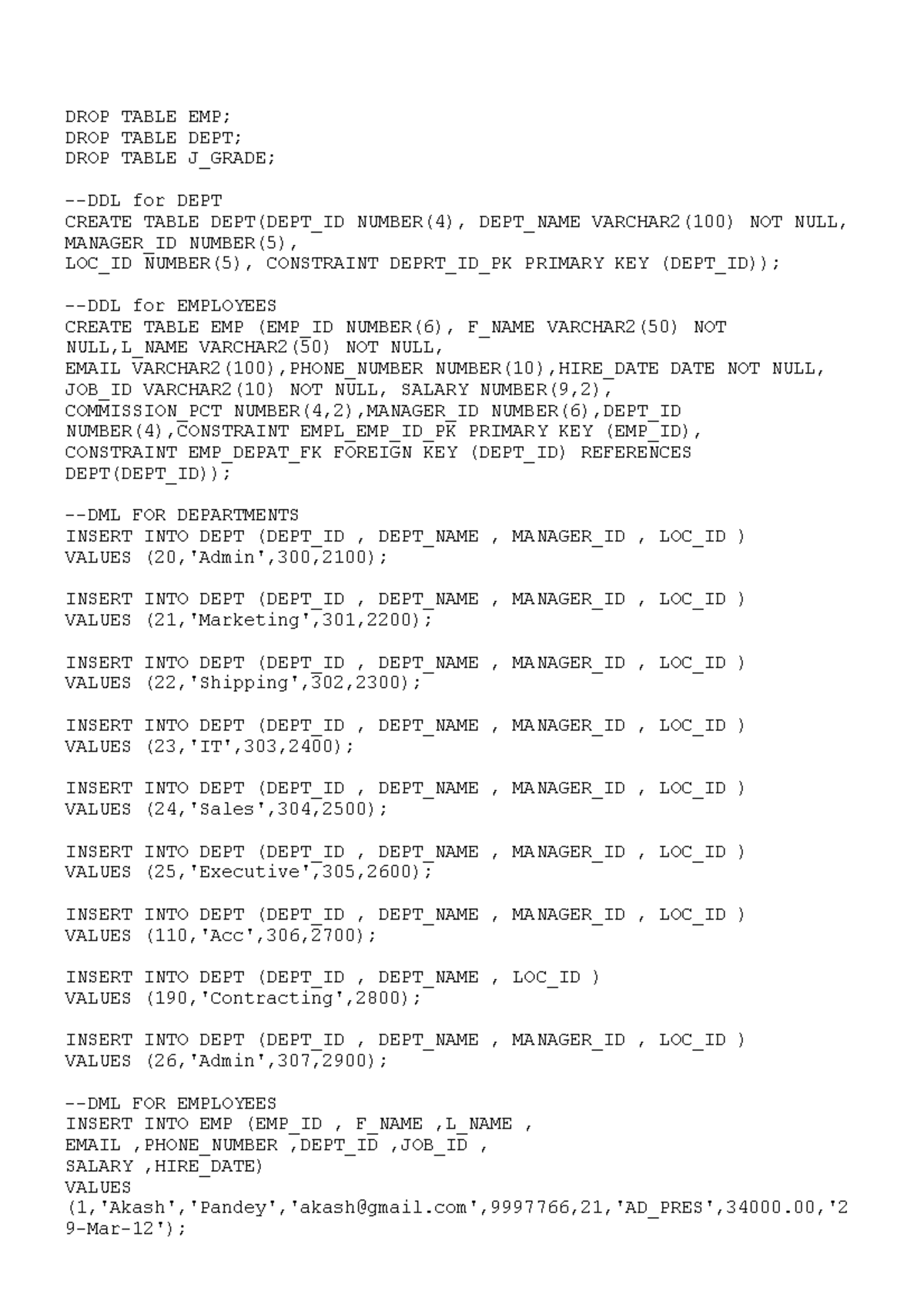 Sql Sorce Code For Table DROP TABLE EMP DROP TABLE DEPT DROP TABLE 