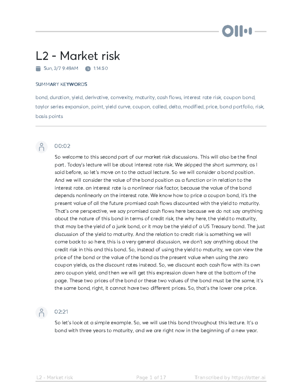 L2 - Market risk otter - summary of the course - L2 - Market risk Sun ...