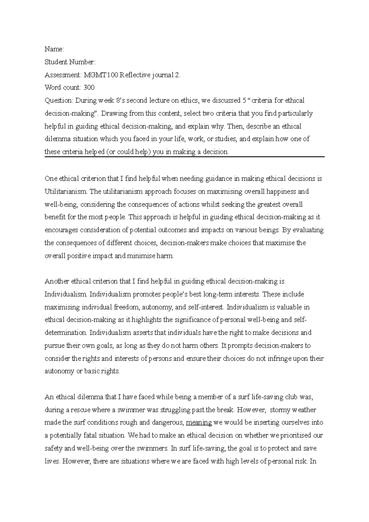 Mgmt 100 Reflective journal 2 - Name: Student Number: Assessment ...