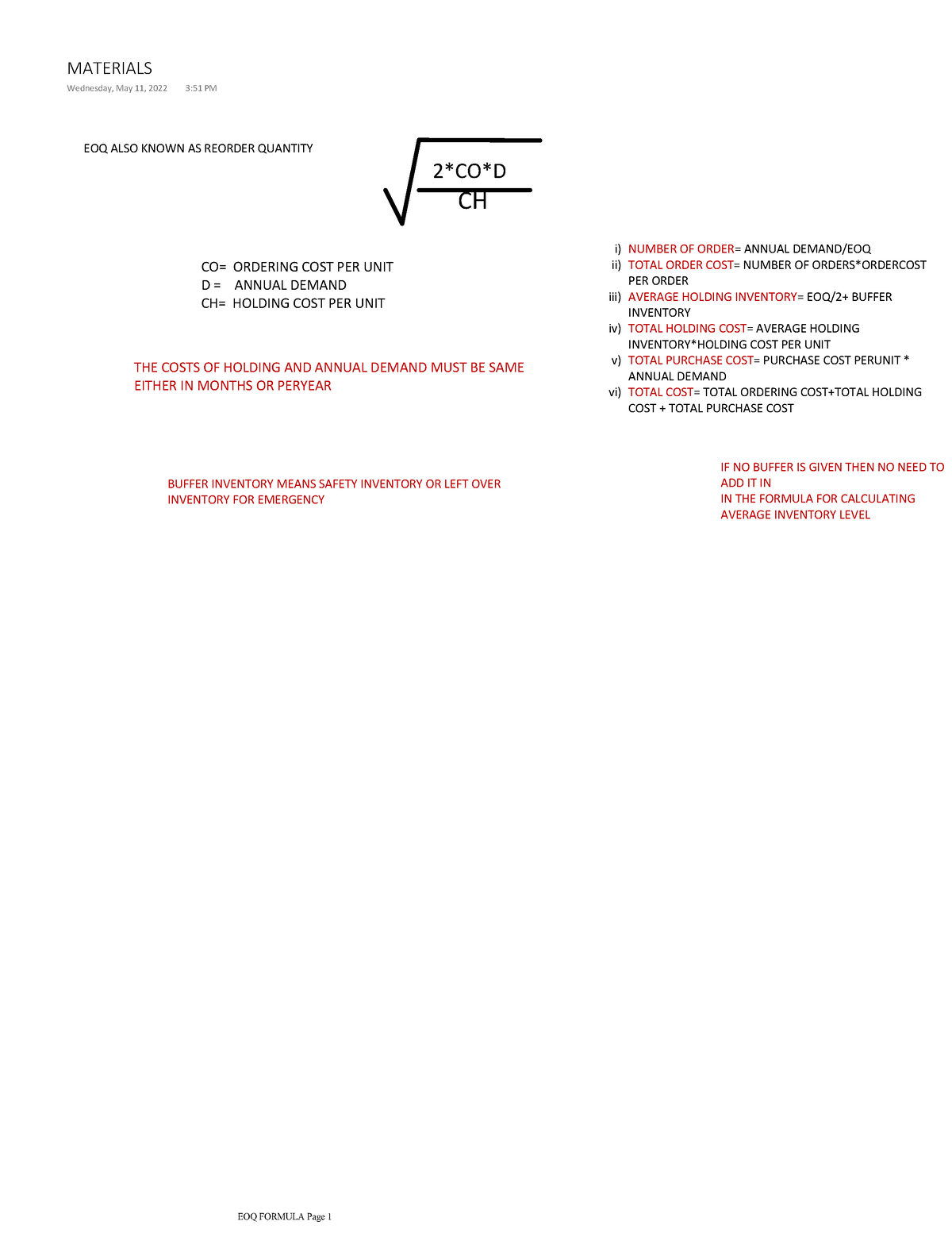 EOQ Formula - acca - 2COD CH CO= ORDERING COST PER UNIT D = ANNUAL ...