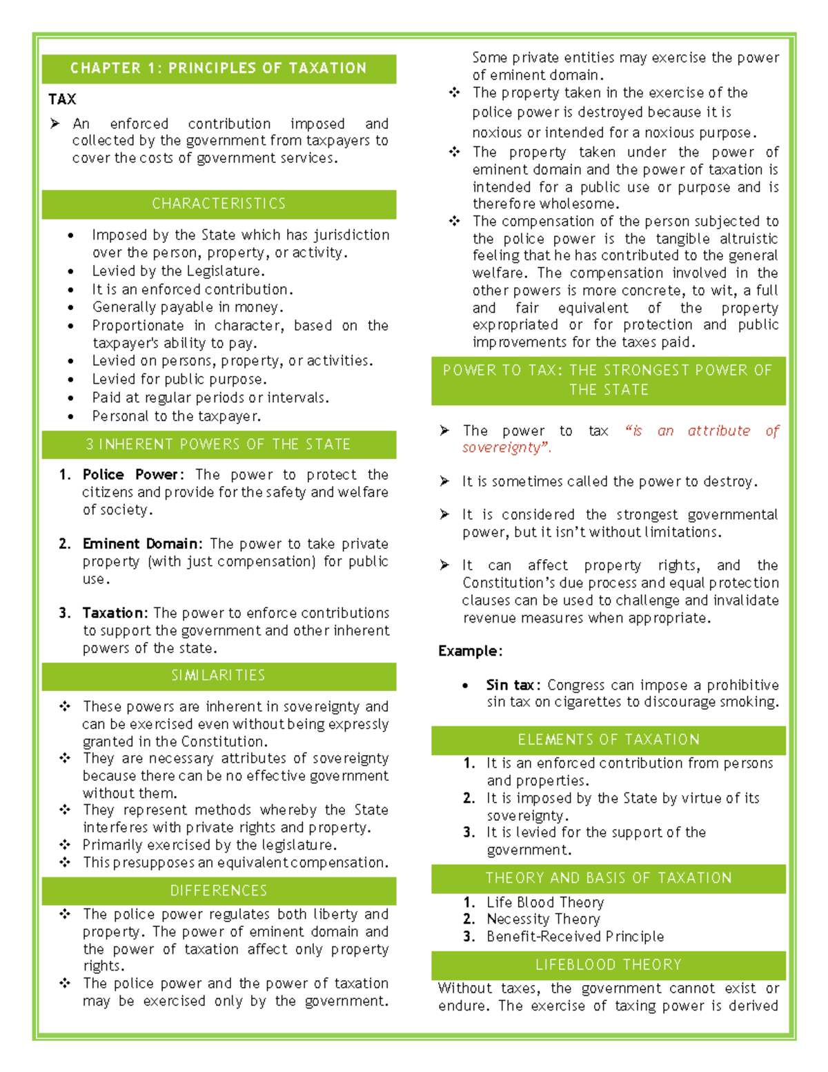 Taxation Notes - NONE - CHAPTER 1: PRINCIPLES OF TAXATION TAX An ...
