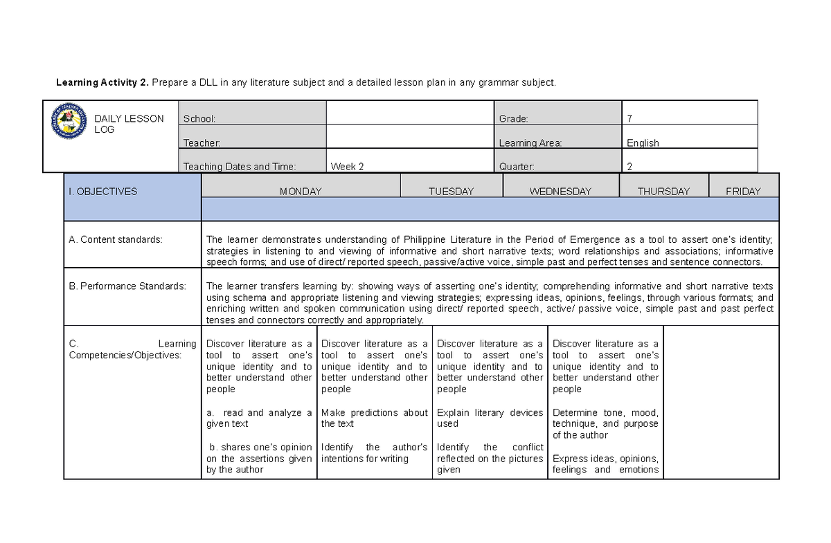 IM 2 Daily Lesson LOG - Learning Activity 2. Prepare a DLL in any ...