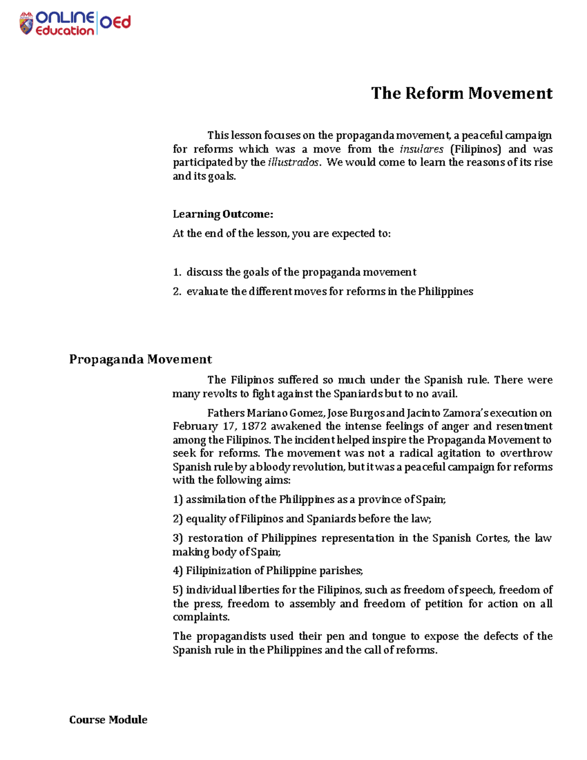 Week 4 The Reform Movement Course Module The Reform Movement This