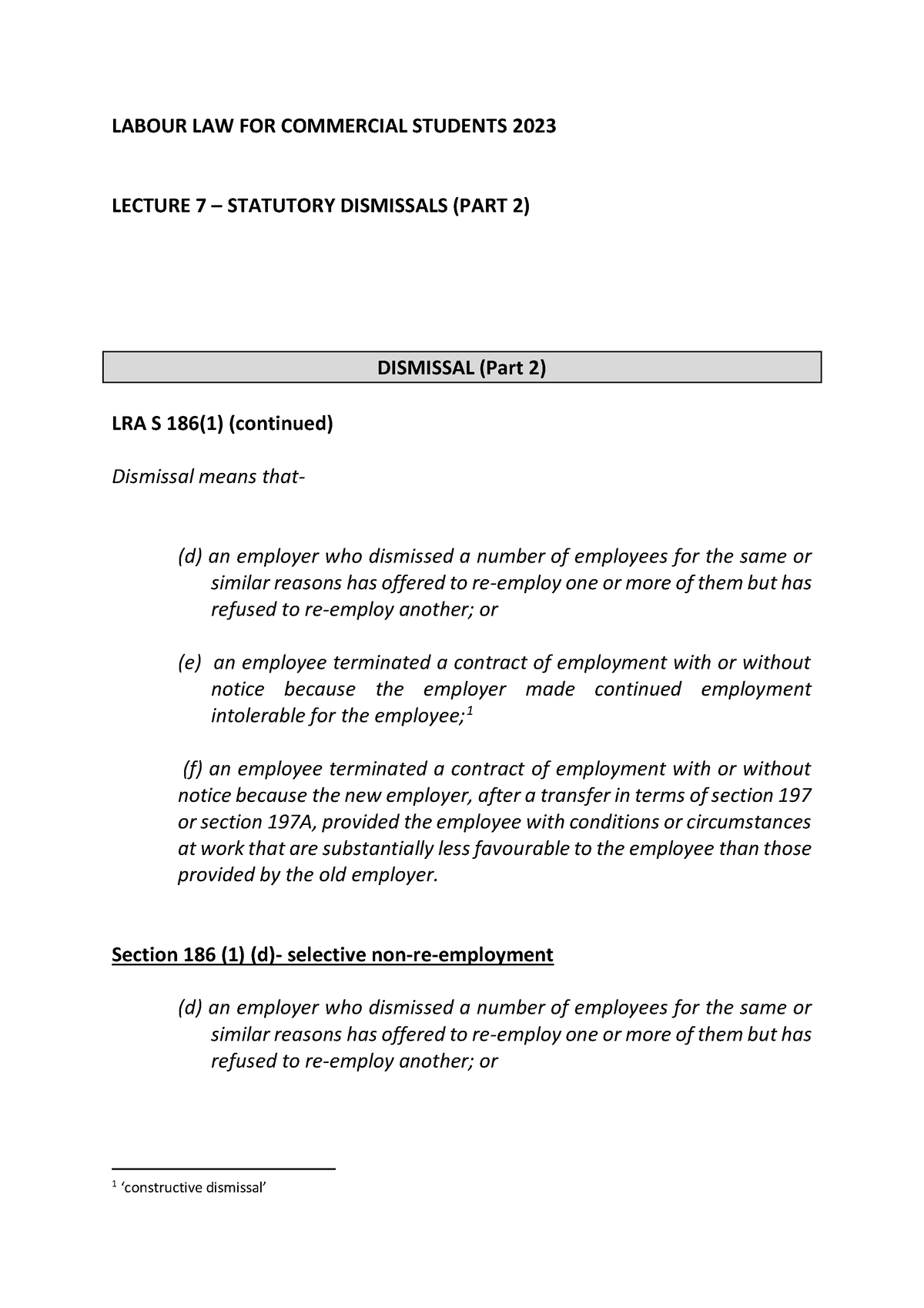 Labour LAW - Lecture 7 - 2023 - LABOUR LAW FOR COMMERCIAL STUDENTS 2023 ...