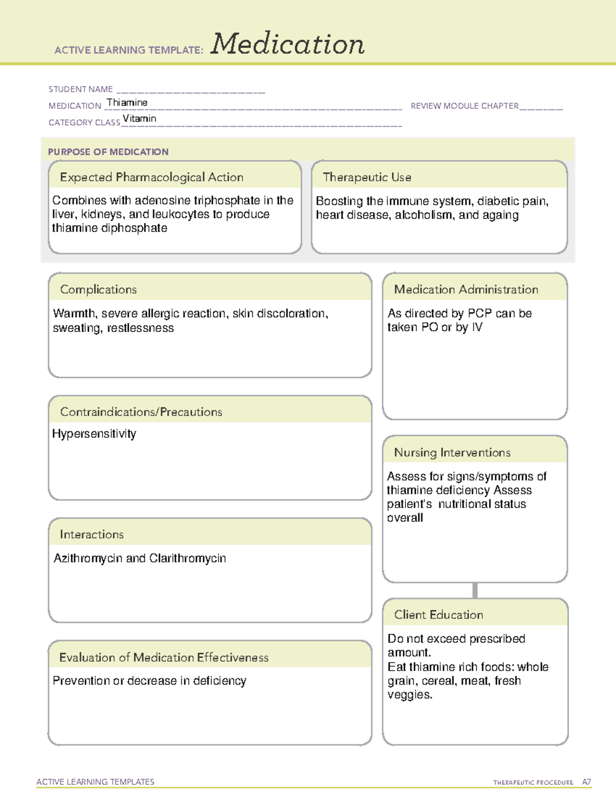 ATI Thiamine Medication Sheet - ACTIVE LEARNING TEMPLATES THERAPEUTIC ...