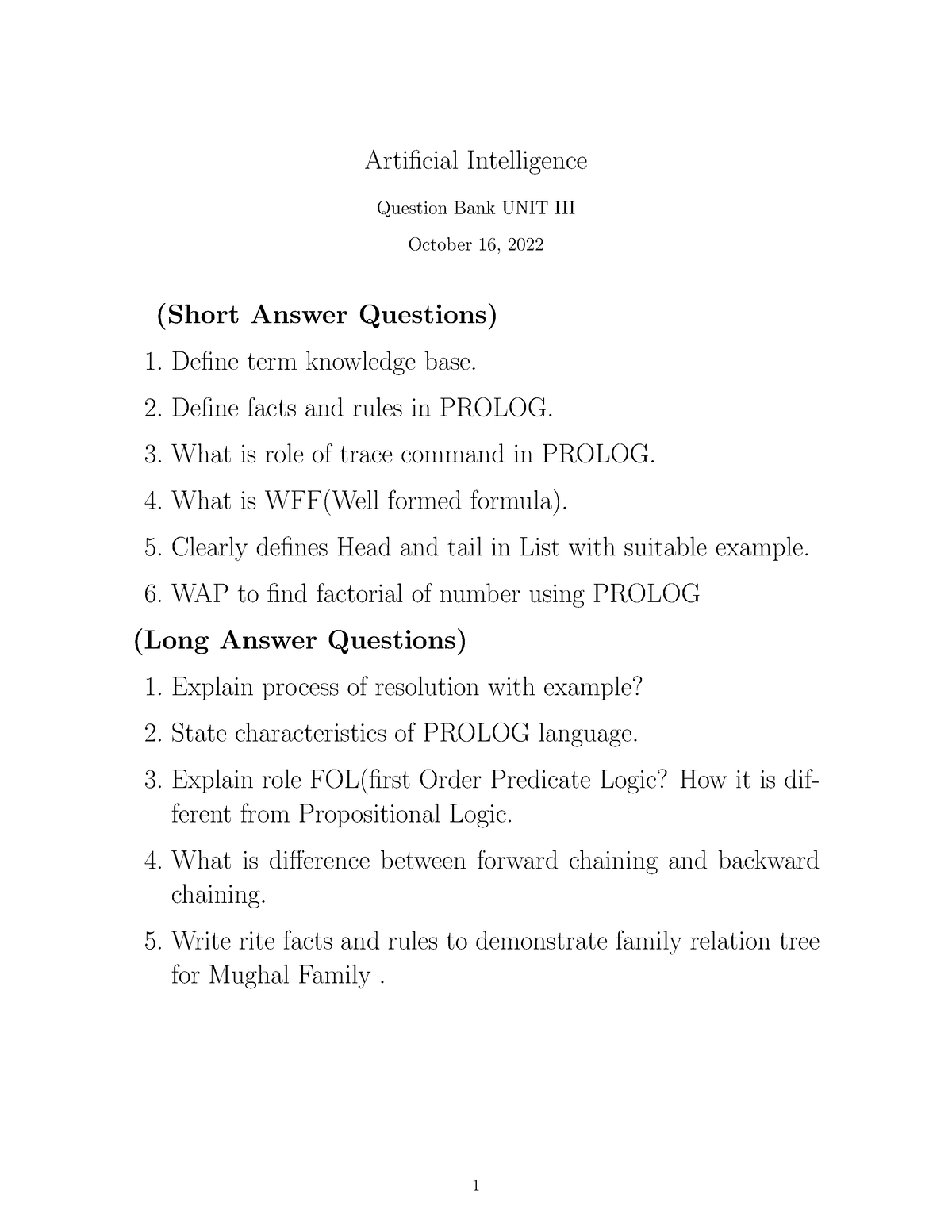 AI Question Bank Unit III Half Portion - Artificial Intelligence ...