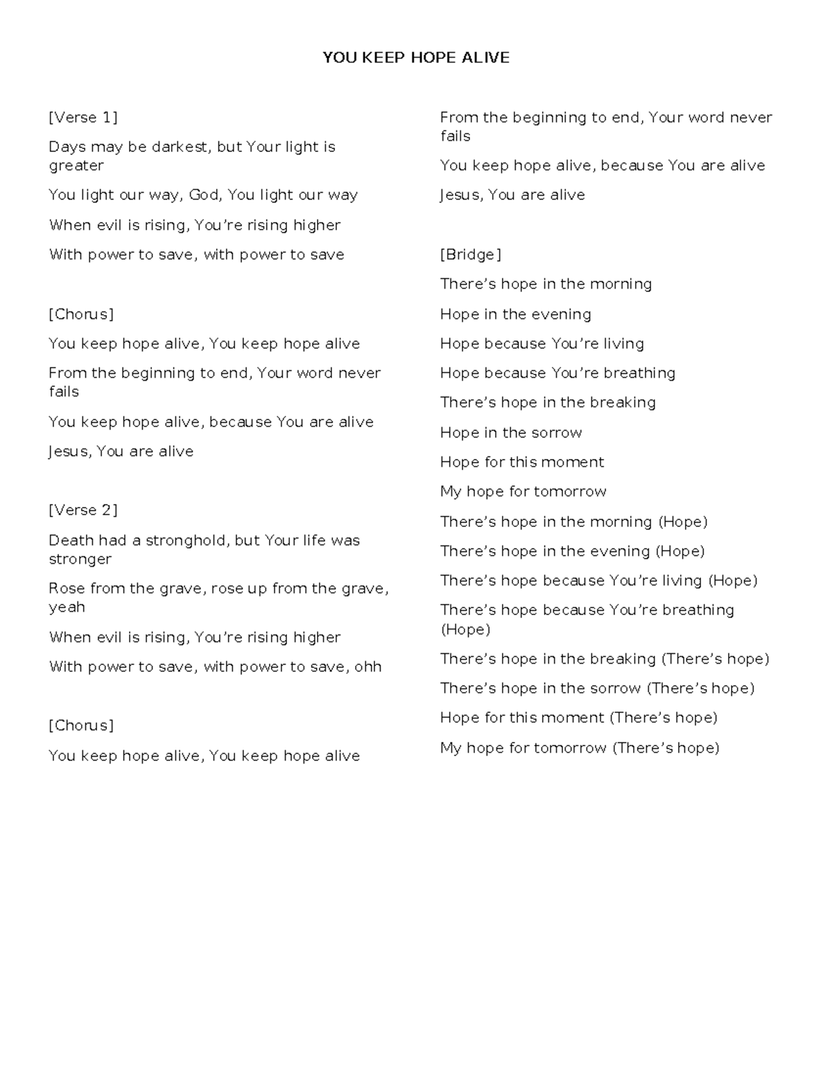 YOU KEEP HOPE Alive Lyrics - YOU KEEP HOPE ALIVE [Verse 1] Days may be ...