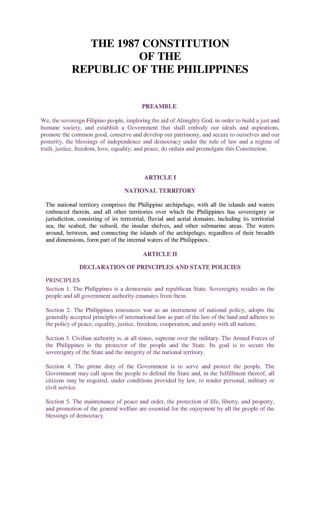 preamble of the 1987 philippine constitution essay