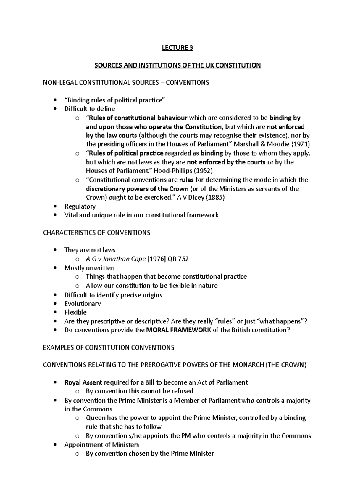 Lecture 3 - LECTURE 3 SOURCES AND INSTITUTIONS OF THE UK CONSTITUTION ...