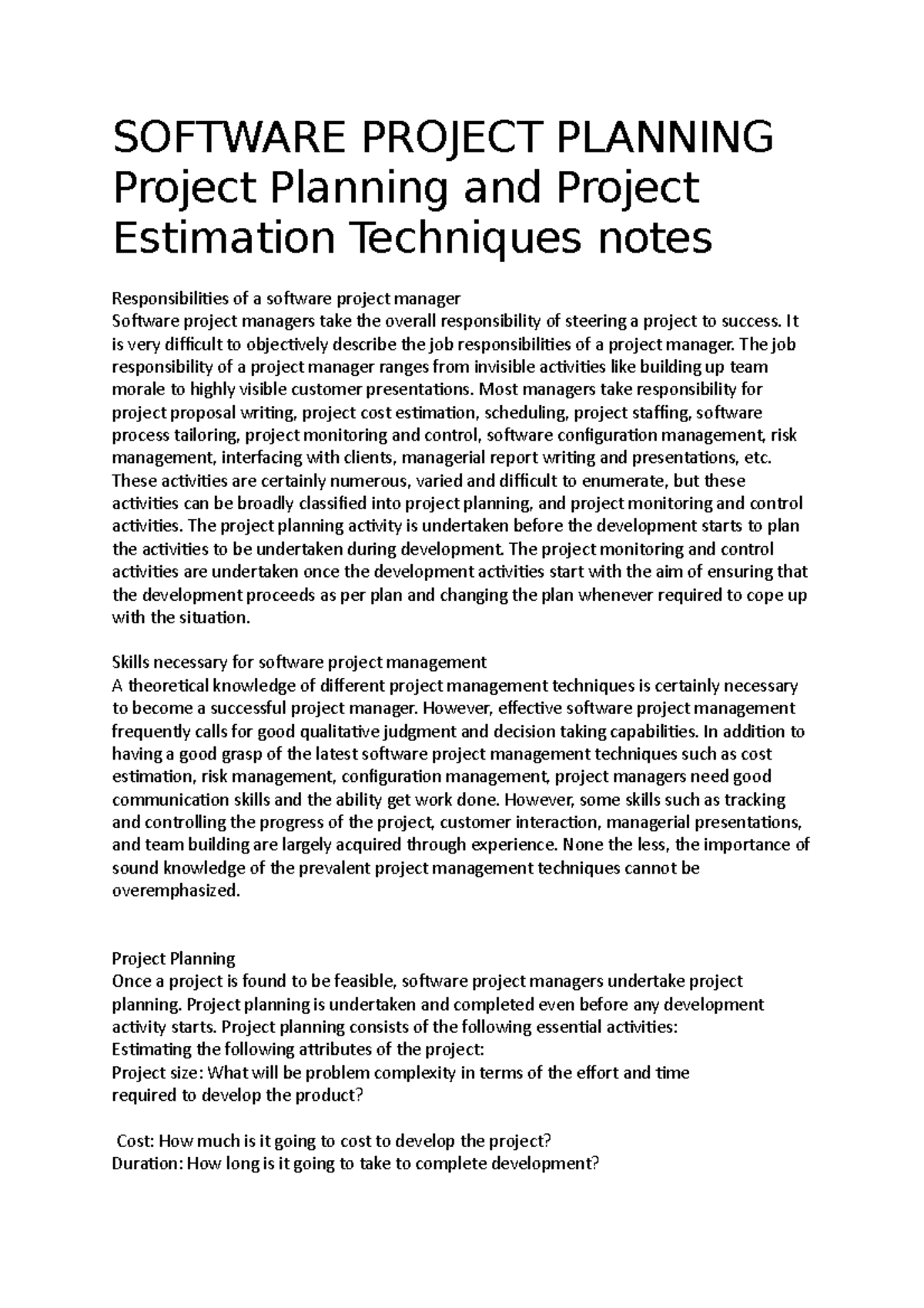 Software Project Planning Project Planning and Project Estimation
